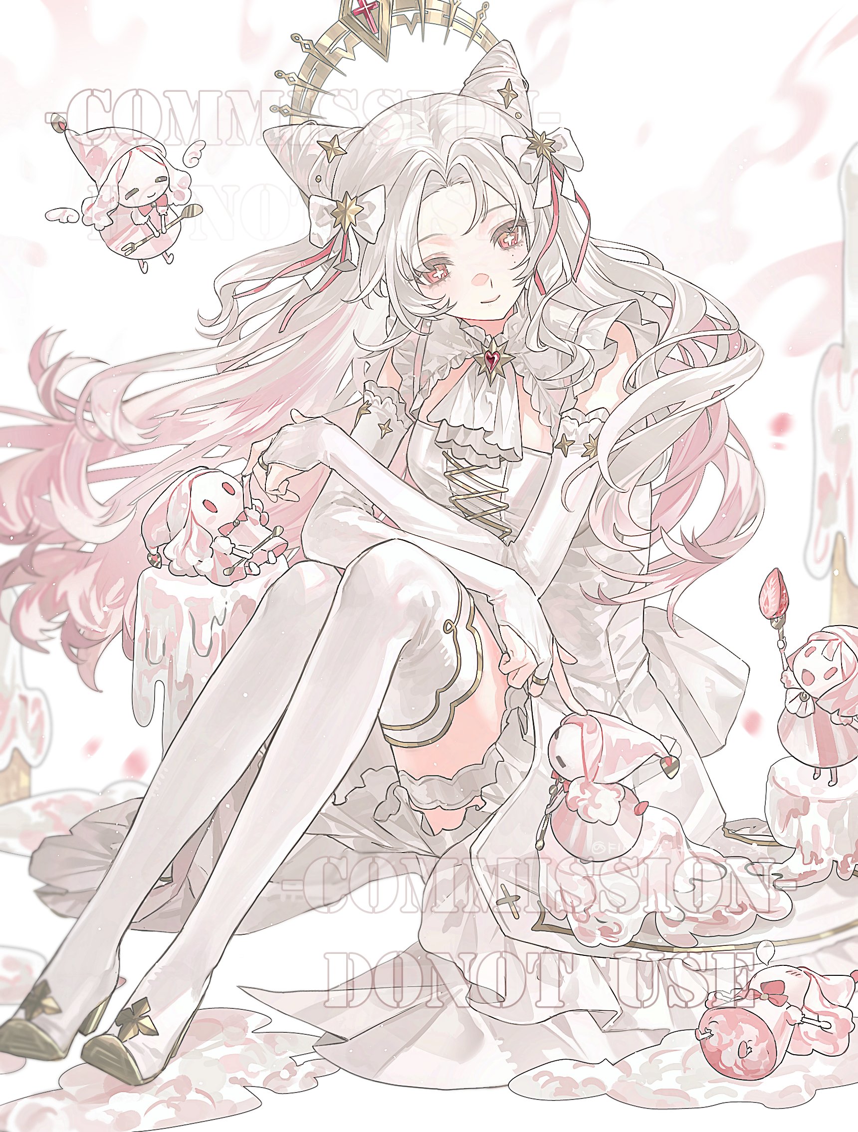 the image depicts an animestyle girl with white hair, cat ears adorned with stars, and a halocrown hybrid headpiece. she has red eyes and a gentle smile. she is wearing a white dress with ruffles and a jeweled pendant, along with white thighhigh socks and heeled shoes. she is surrounded by small, whimsical creatures that resemble stylized desserts, all set in a pastelcolored, candythemed environment. the artwork has a soft, dreamy quality.