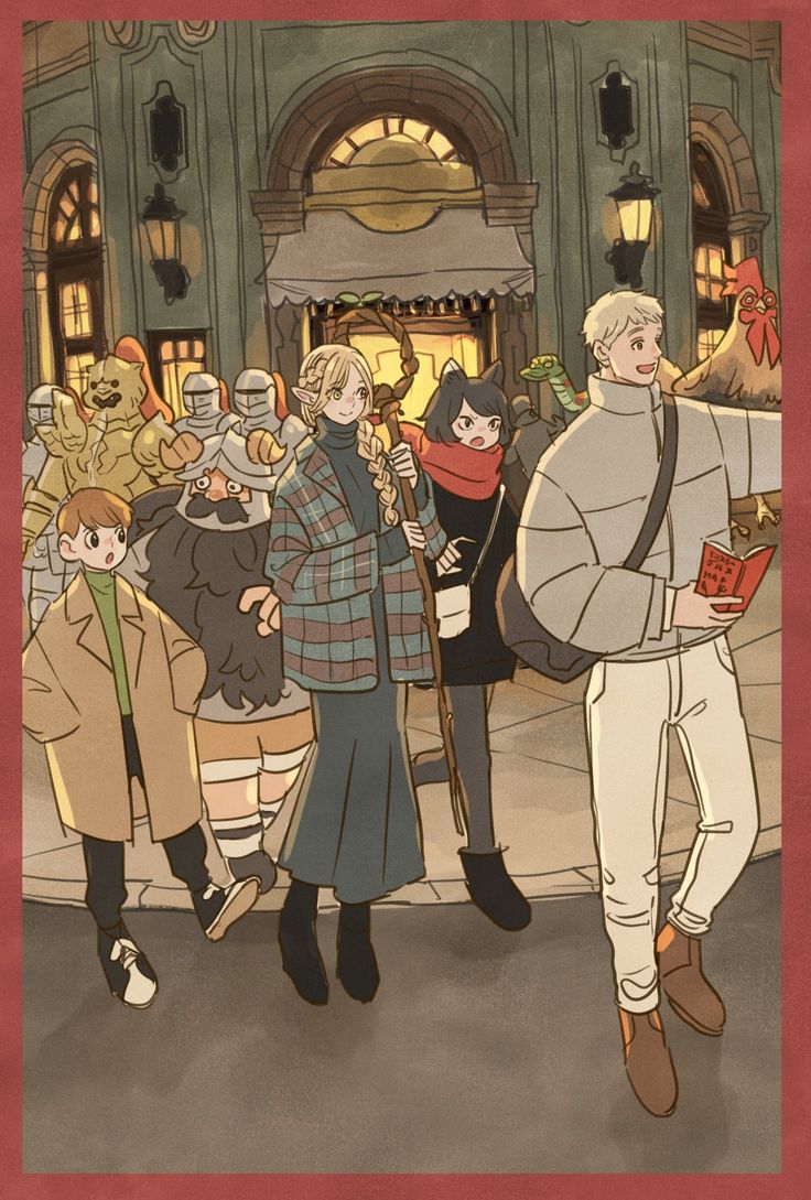 the illustration depicts a whimsical scene where fantasy characters are mingling in a modern city setting.  the group consists of an elf, a dwarf, a couple of knights, a mysterious figure in dark clothing, and a moderndressed young man and woman. a rooster is perched near the group.  they're standing on a city street outside a charminglooking shop at night. the style is reminiscent of a children's book or graphic novel, with warm, autumnal colors and a blend of medieval and contemporary elements. the overall atmosphere is cozy and inviting.  the image likely depicts a moment in a narrative.