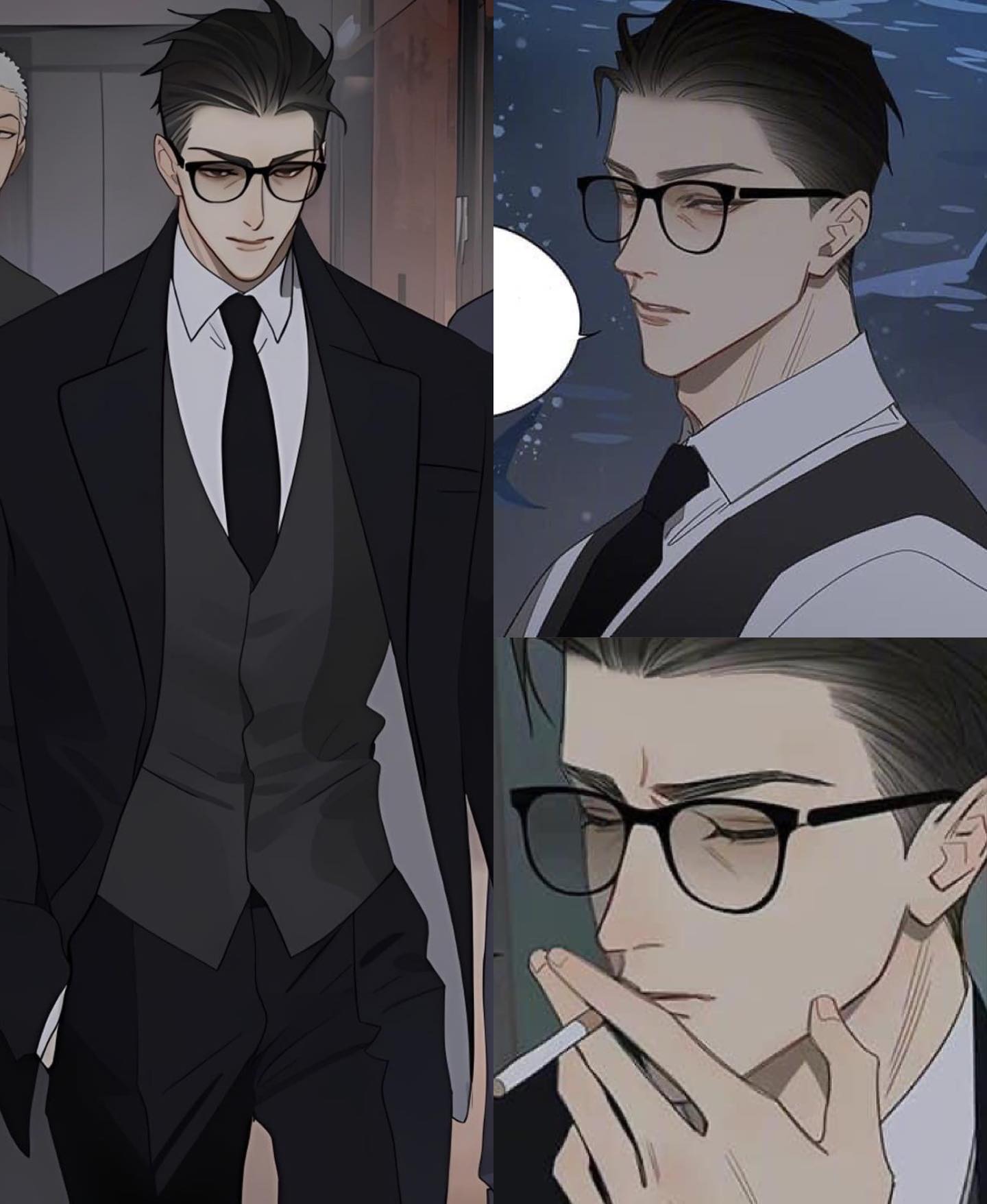 this is an animestyle illustration of a handsome man in a suit, smoking a cigarette. he's wearing blackrimmed glasses and has dark hair and eyes. he looks very serious and stylish. the image is welldrawn and has a dark, mysterious feel. the art is digital.