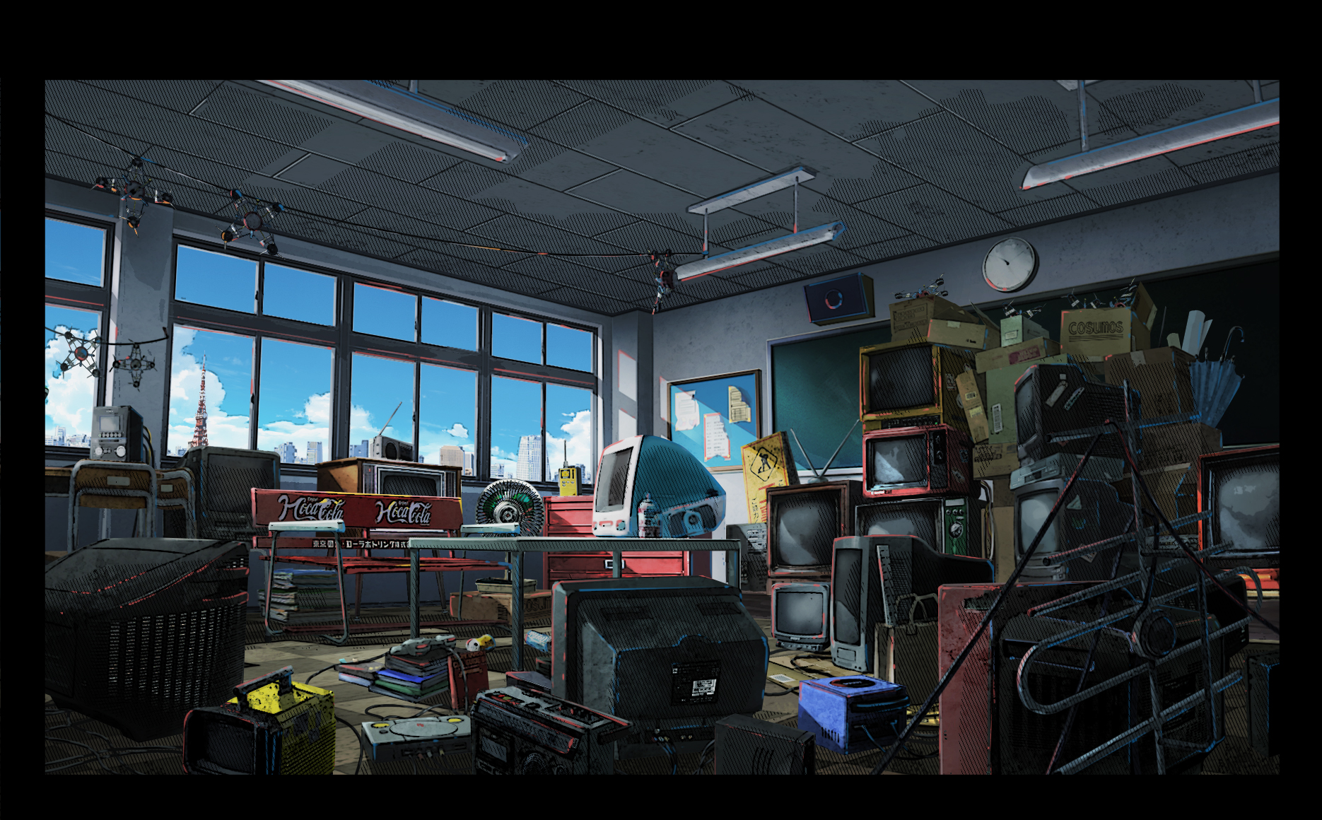 the image is a digital painting or illustration in an anime style, depicting a cluttered and messy classroom.  the room is filled floortoceiling with stacks of vintage electronics including numerous televisions, radios, a computer monitor (apple macintosh style), cassette players, and possibly game consoles.  boxes and cardboard containers are piled high, adding to the sense of disarray.  a cocacola bench is visible in the midground. the setting appears to be in japan, indicated by the tokyo tower visible through the large windows showing a sunny cityscape. the overall mood is nostalgic and slightly melancholic, hinting at a forgotten or abandoned space. the style is detailed, with a focus on texture and the realistic portrayal of various electronic devices.