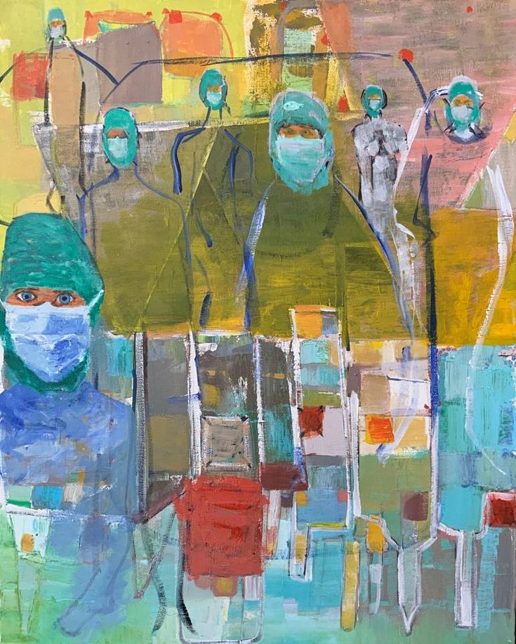 the painting depicts a group of people in medical scrubs and masks, their faces obscured and their figures partially obscured by abstract shapes and brushstrokes. the colors are vibrant and bold, creating a sense of energy and urgency. the painting is a powerful and evocative representation of the covid19 pandemic, and the challenges and sacrifices faced by healthcare workers. the abstract elements symbolize the unseen forces at play, the uncertainty and the emotional toll of the pandemic.