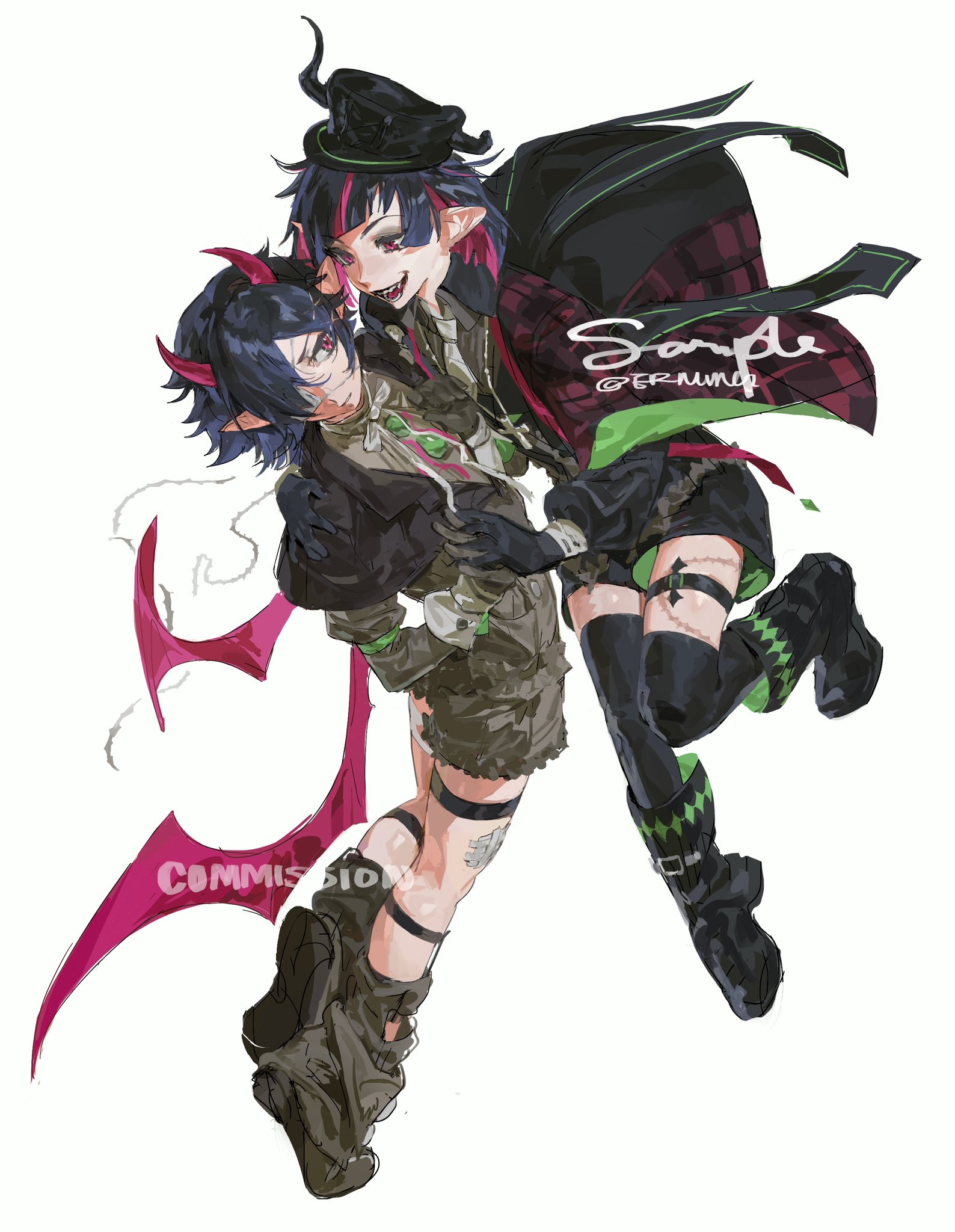 an animestyle drawing of two girls in colorful outfits. one girl has pink hair and demon ears, the other has blue hair and demon horns. the girl with the pink hair has her arm wrapped around the other girl's neck. the girls have friendly smiles and their expression suggest a bond of friendship.