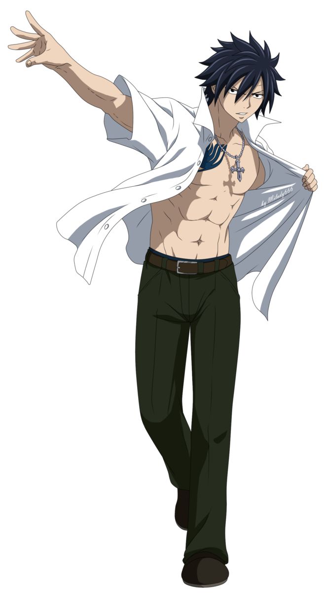 a male anime character with gray hair and blue eyes is shown walking while partially unbuttoning his white shirt to show his abs and a black necklace with a cross pendant.  he is wearing black pants and dark shoes. he is looking forward with a neutral expression and is overall appearing confident.