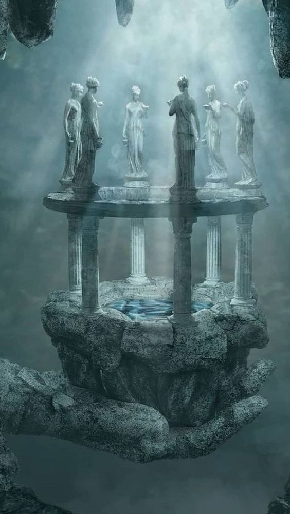 the image is a surreal and mystical composition featuring a stone platform with pillars and statues, resting in the palm of a large, rocky hand. the platform has a pool of water at its center, and light rays shine down from above through a misty atmosphere. statues of women stand on the platform's edge, and the overall scene evokes a sense of ancient history and dreamy fantasy.