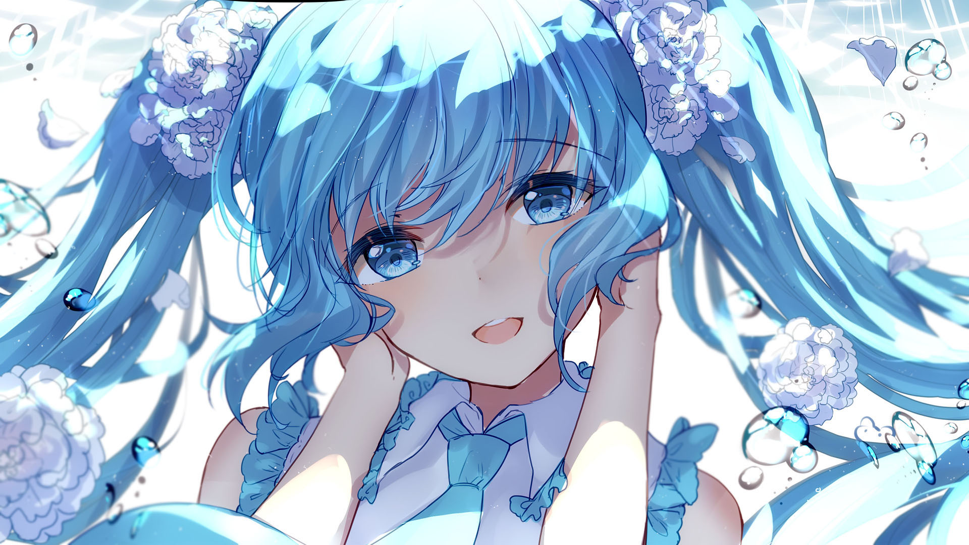 the image is a digital painting of an anime girl with long, flowing blue hair styled in twintails. her hair is adorned with white flowers.  she is surrounded by bubbles and water droplets, suggesting a watery or underwater environment.  she has large, expressive blue eyes and a sweet expression. the overall style is soft and delicate, with bright, pastel colors. the artwork is highly detailed and features a very stylized and characteristically "kawaii" anime style.  the girl appears calm, happy, and almost ethereal.