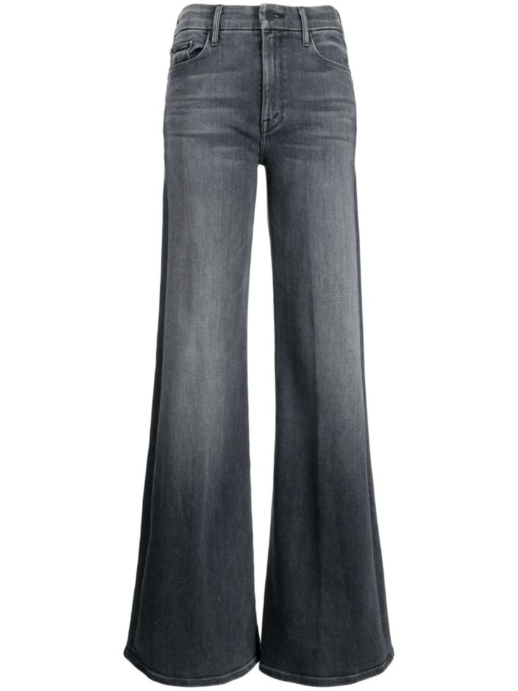 a pair of women's dark grey wide leg jeans. the jeans are high waisted and have a flared leg. they are made of denim and are a casual style.