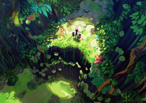 the illustration showcases a woman standing on the edge of a cliff, overlooking a lush, vibrant jungle. the scene is bathed in dappled sunlight that filters through the dense canopy, creating a play of light and shadow. a winding path, partially obscured by foliage, leads away from the cliff, hinting at a journey or exploration. the art style is stylized and painterly, with bold colors and dynamic shapes contributing to the overall sense of wonder and adventure.