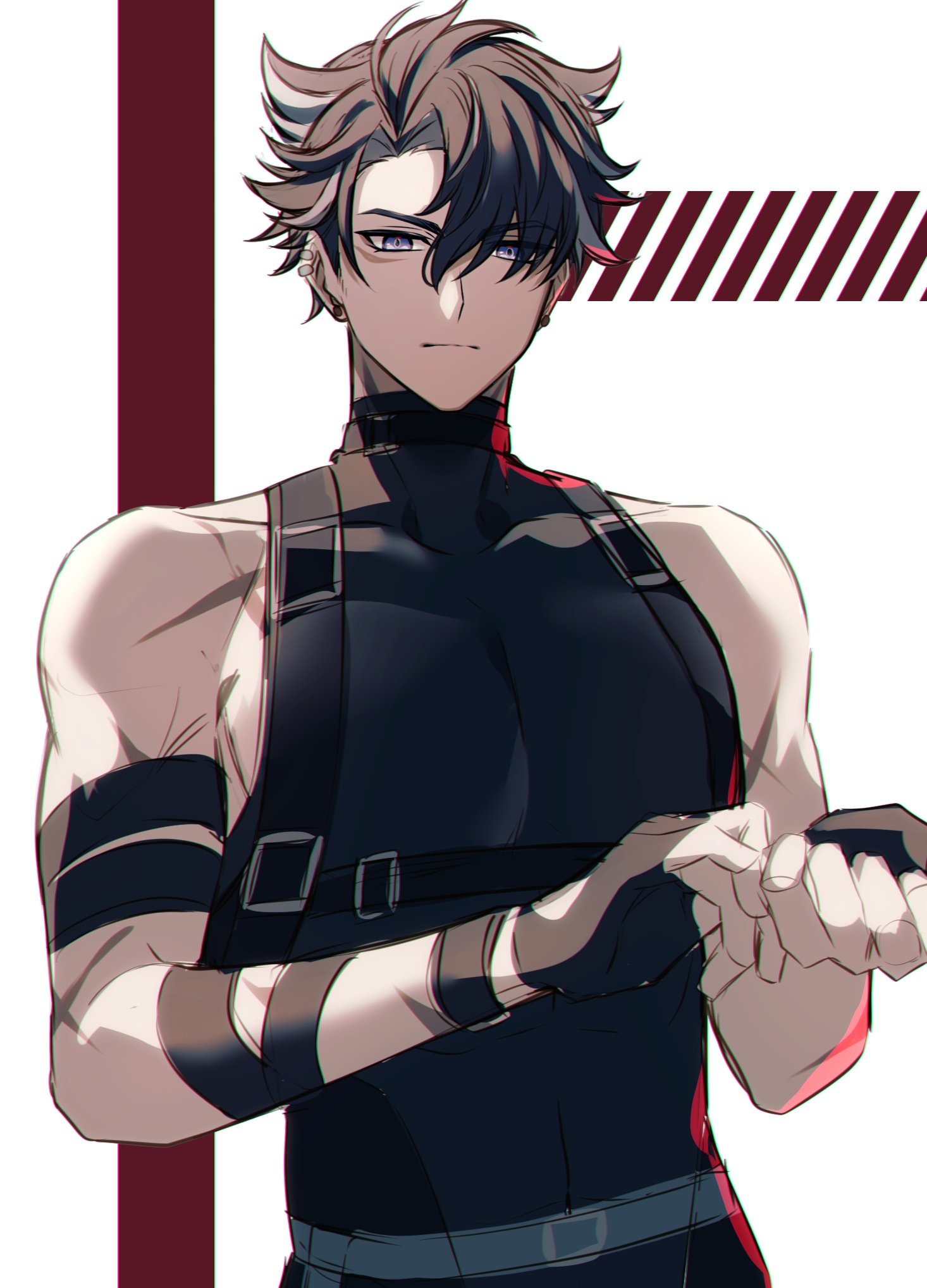 this is a digital illustration of a male anime character with black hair, red eyes, and a serious expression. he is wearing a dark outfit with armor and looks confident.