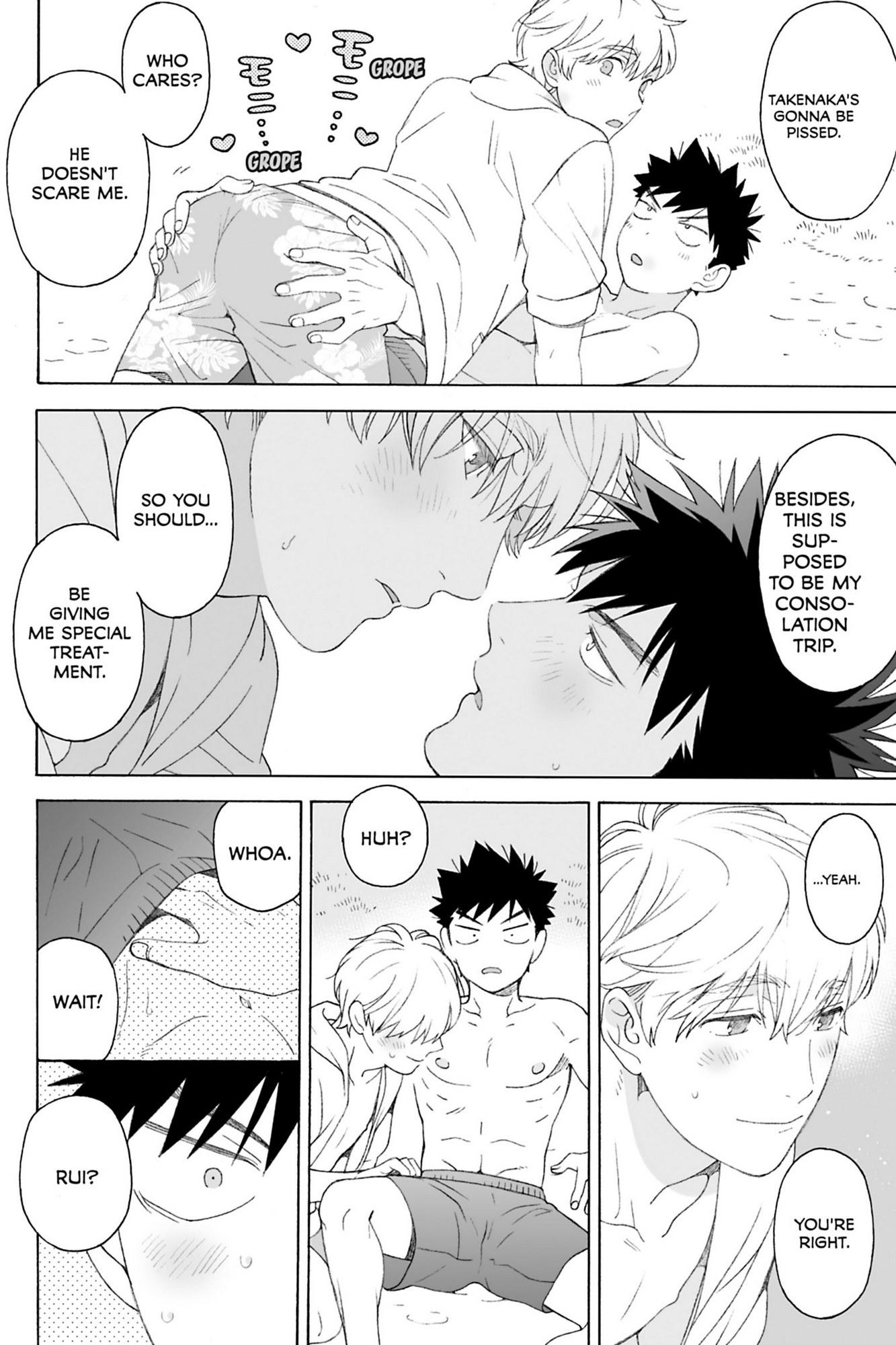 he image is a manga depicting a series of scenes between several young men. the first panel shows one young man groping the buttocks of another, with dialogue bubbles indicating that the recipient doesn't mind. subsequent panels show interactions between the characters, including moments of affection and intimacy, set at a beach.  there's dialogue about a consolation trip and the characters’ reactions to the situation, suggesting a developing relationship.  the overall style is lighthearted yet suggestive, characteristic of bl manga.