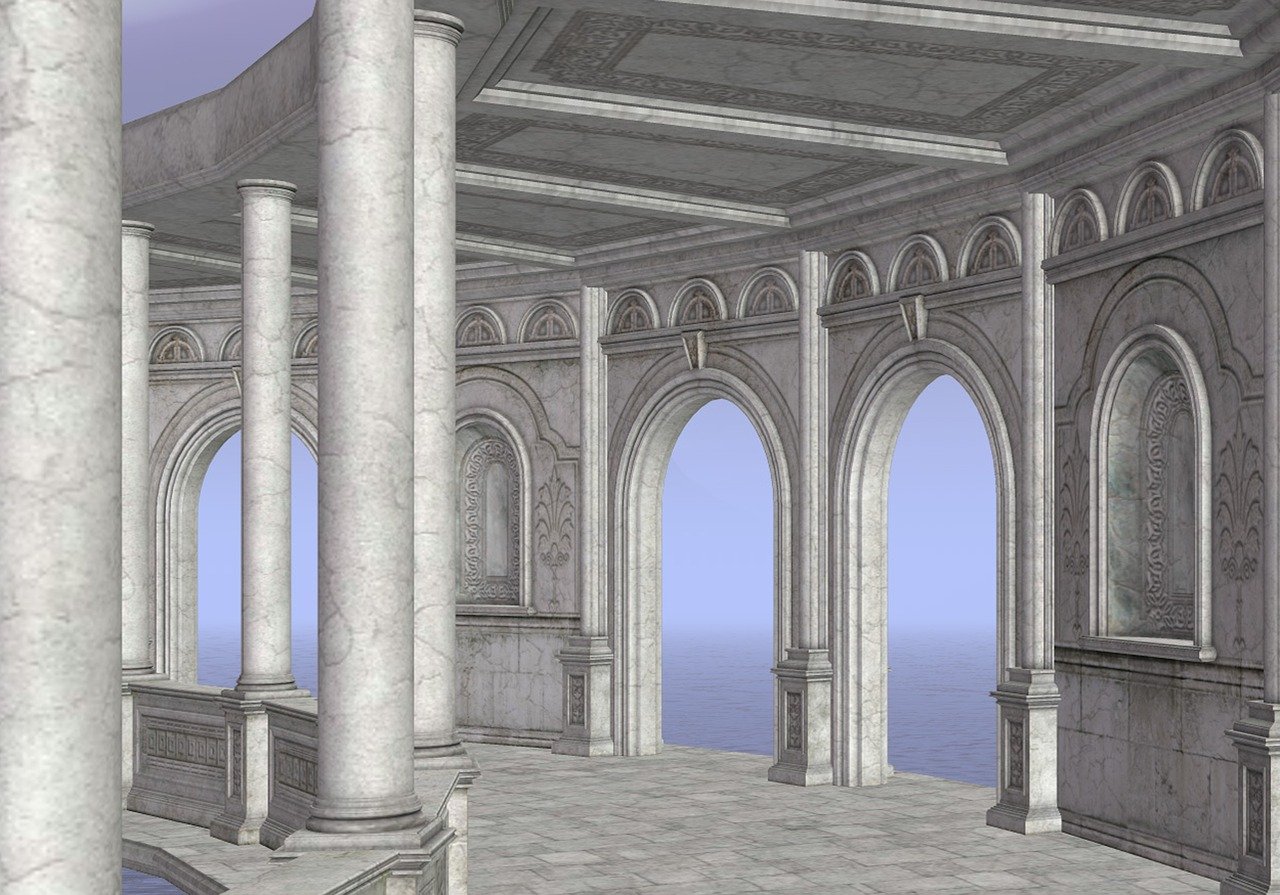 the image shows a classical marble structure with columns and arches, possibly a balcony or openair pavilion overlooking the sea. the architecture is ornate with detailed carvings. the columns are tall and cylindrical, and the arches provide open views of the sea and sky. the overall tone of the image is serene and classical.
