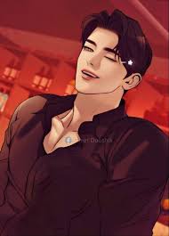a handsome young man with black hair and eyes is shown smiling happily. he is wearing a black shirt with a white collar and a silver necklace. his hair is styled in a messy yet sophisticated way. the background is a red and orange color, which adds to the overall feeling of warmth and happiness in the image. this is a digitally drawn illustration of an anime character.