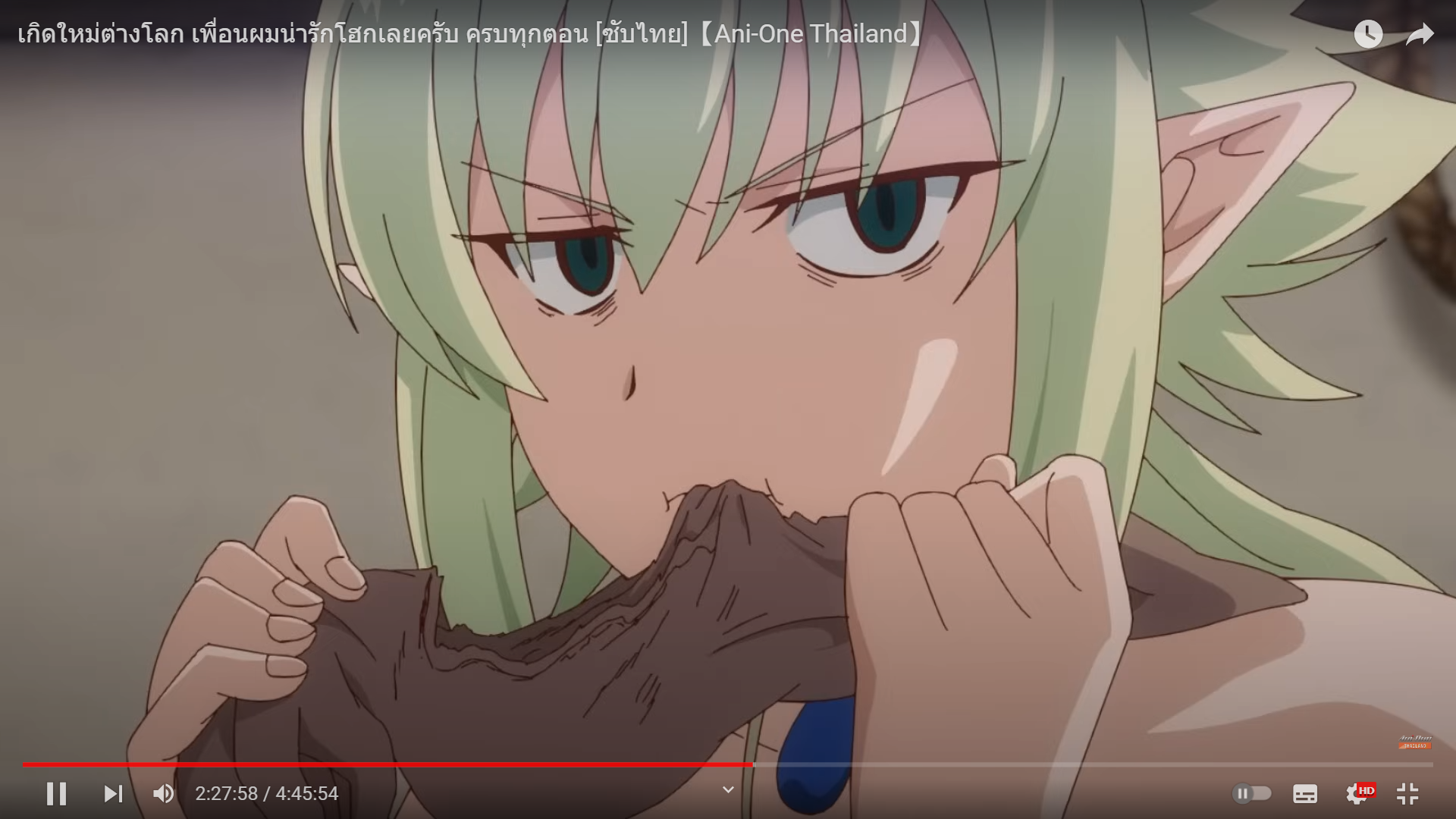 a closeup illustration of a female anime character, likely an elf, with green hair and pointed ears. she is shown with an angry or disgusted expression, biting down on a brown piece of fabric. the perspective is a closeup shot, focusing on her face and upper body. the lighting is bright, highlighting her features and the vibrant green of her hair.