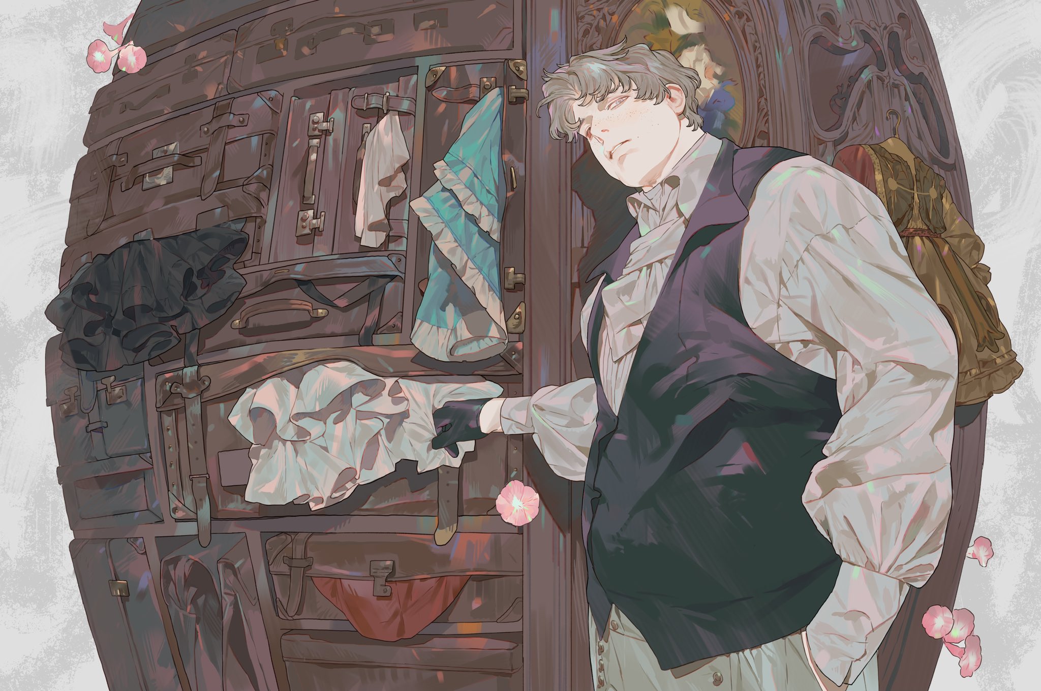 a drawing of a man dressed in a vest, shirt, and gloves stands in front of a large wooden wardrobe. the wardrobe is old and filled with luggage. clothes hang inside the wardrobe. there are blossoms around the man.