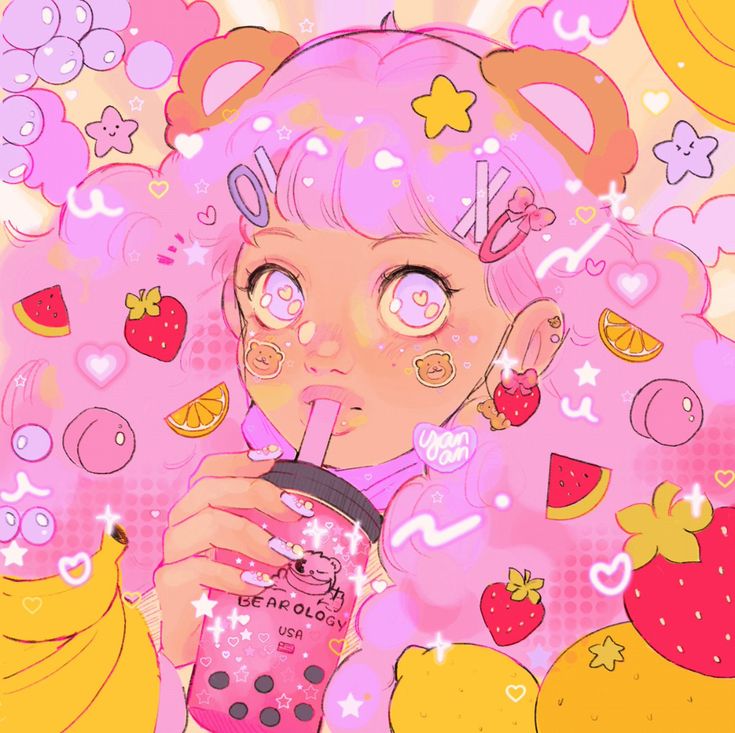 the image features a cute anime girl with pink hair and big eyes. she's smiling and holding a boba tea, wearing a pink and purple sweater. the background is filled with colorful illustrations of hearts, stars, strawberries, lemons, bananas, and other sweet treats. the overall style is kawaii, pastel, and very girly.