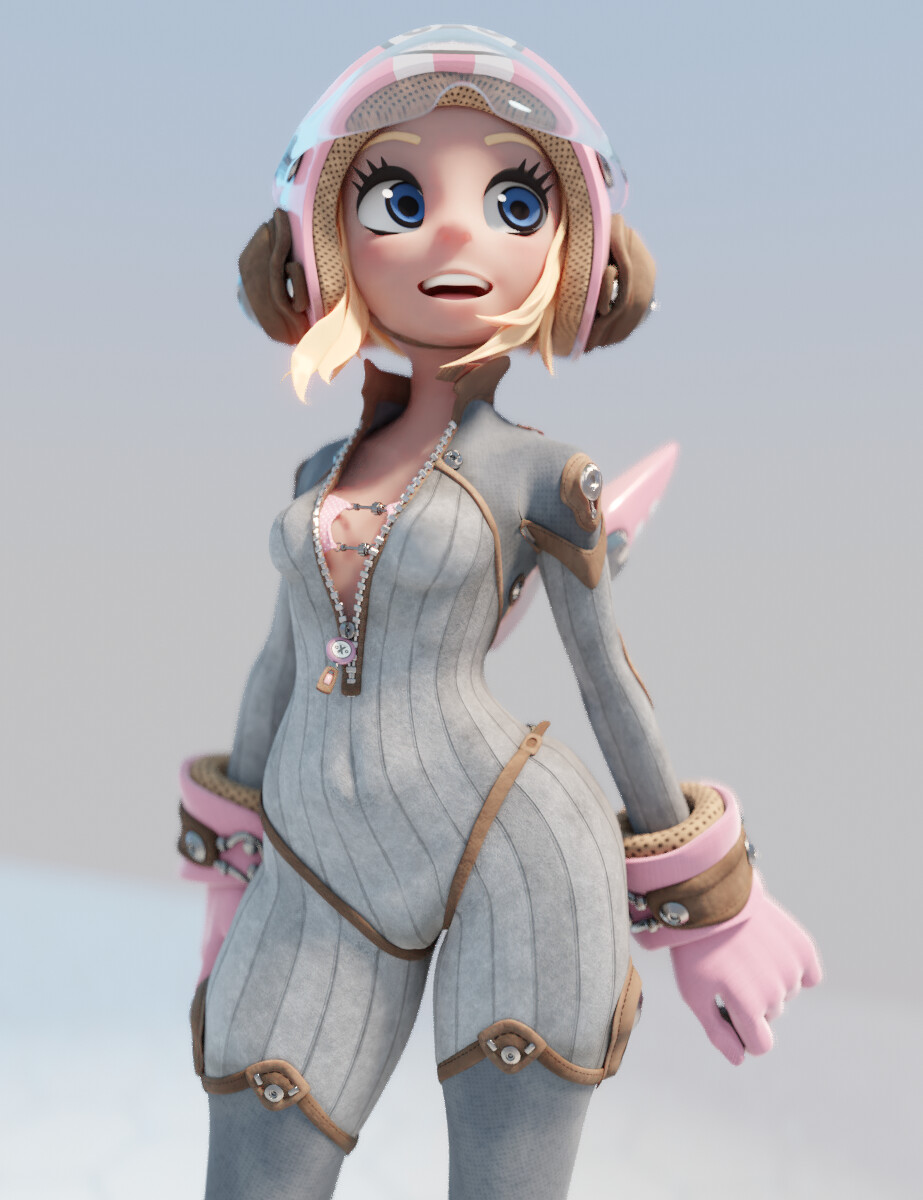 a digital illustration of a female anime character wearing a white and pink spacesuit with a pink helmet, standing with her head tilted,  looking at the camera.  her arms are bent at the elbows, and her gloved hands are resting near her side and chest.  the character has pink hair and blue eyes. the background is a light gray.