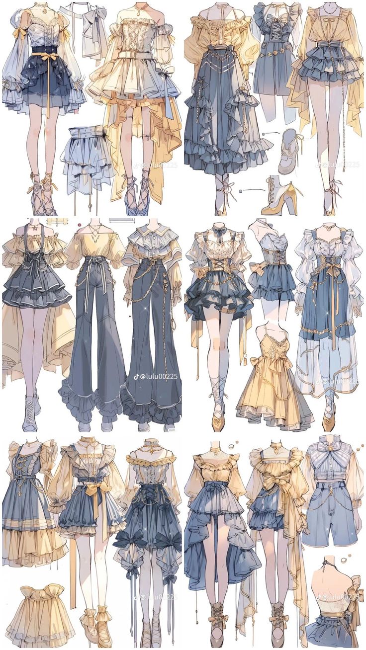 a digital illustration featuring a collection of outfit designs for women. the outfits primarily consist of dresses, skirts, tops, and pants in a delicate and feminine style.