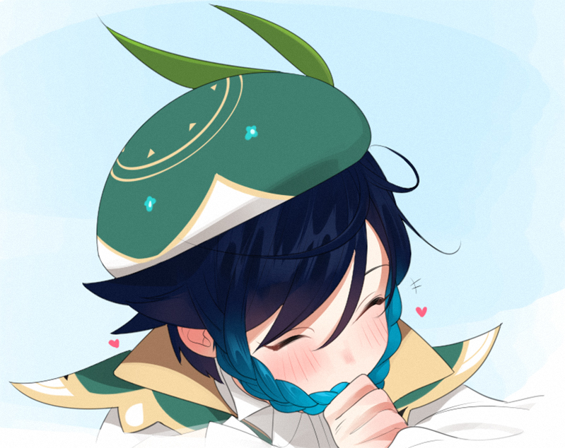 a digital drawing of venti from genshin impact. venti is smiling and blushing with his eyes closed. he is holding onto his braid and wearing his default outfit.  the background is a light blue.