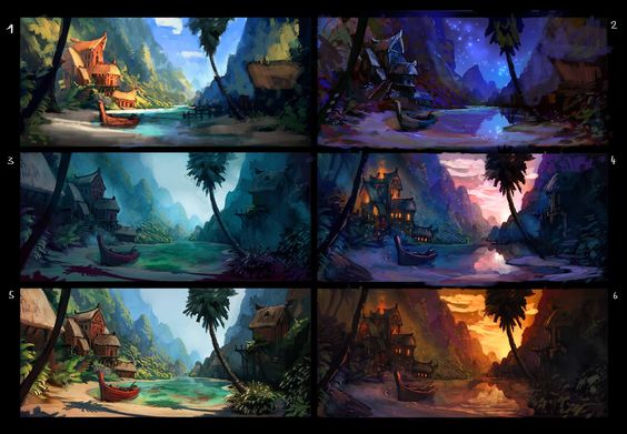 the image presents six different renderings of the same tropical island village scene, each showcasing a different time of day and lighting conditions. we see a cluster of wooden huts with thatched roofs nestled on a white sand beach. lush green palm trees and tropical foliage surround the village, with towering mountains rising in the background. a serene turquoise lagoon reflects the sky and the surrounding landscape.  each version explores a distinct mood, from the bright sunshine of midday to the soft glow of sunset and the starry brilliance of night.