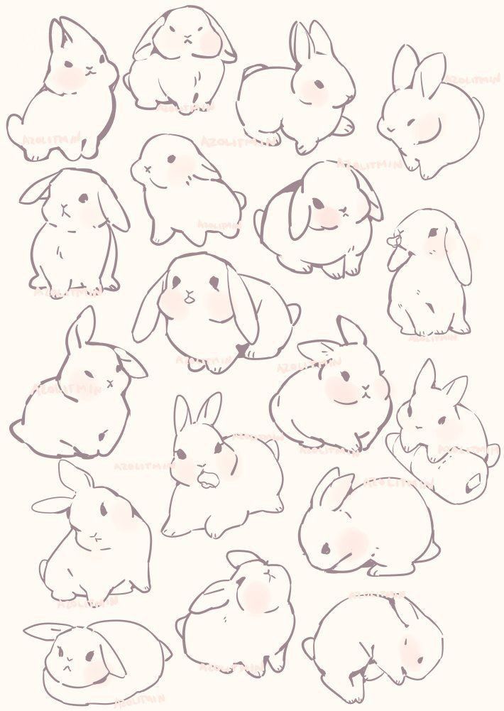the image contains 20 different drawings of cartoon rabbits in various poses.  the drawings are done in a simple, cute style with minimal line work.