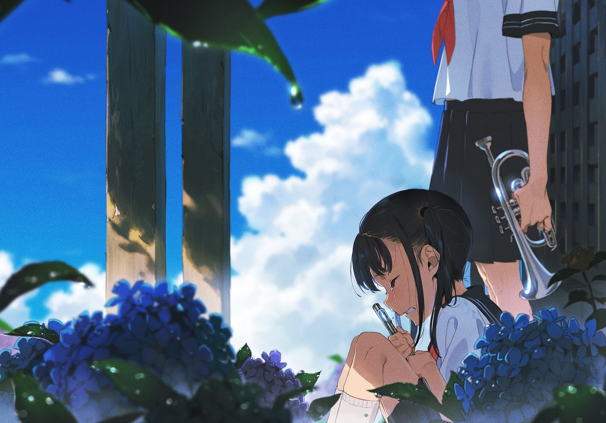 there are two girls. the one on the right side of the image is standing and holding a trumpet. the other girl is sitting with her knees to her chest crying. there are blue flowers in the foreground.  the background is a blue sky with fluffy clouds.