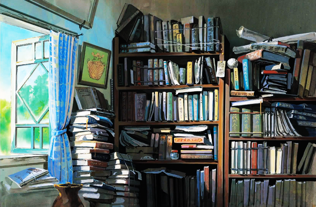 the image shows a room filled with bookshelves overflowing with books. the books are stacked high on the shelves and on the floor, creating a cozy and cluttered atmosphere. sunlight streams in through a window, illuminating the room and casting shadows on the books. the room has a warm and inviting ambiance, suggesting a space dedicated to reading and learning.
