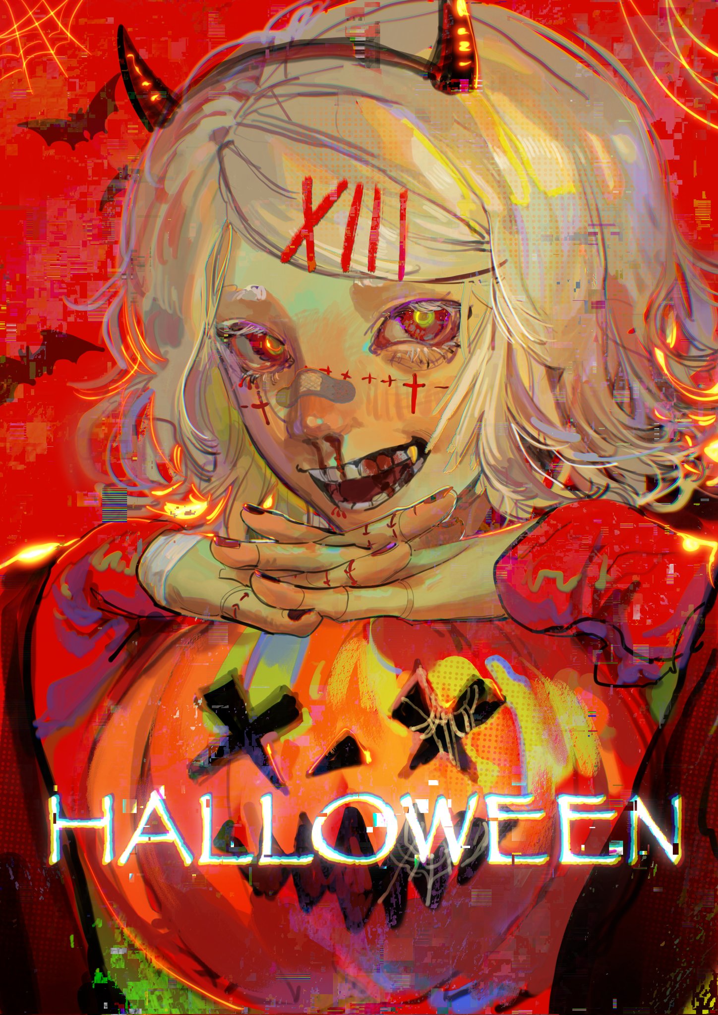 a digital illustration of a girl dressed as a demon for halloween. she has a red and yellow costume and horns on her head. her face is painted with a scary expression, and she is holding a jackolantern. the background is a dark red, and the image has a lot of digital art effects.