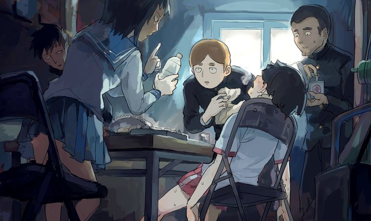 the image is an animestyle illustration depicting a group of students, mostly in school uniforms, gathered around a table in what appears to be a dimly lit classroom or common room.  one boy is slumped in a chair looking distressed.  a girl is concerned, offering him a drink, while another looks on. a teacher or adult figure stands in the background observing the situation. the overall mood is one of concern and uncertainty, suggesting some kind of issue or problem that has arisen among the group. the art style is detailed and expressive, conveying a palpable sense of atmosphere and emotion.