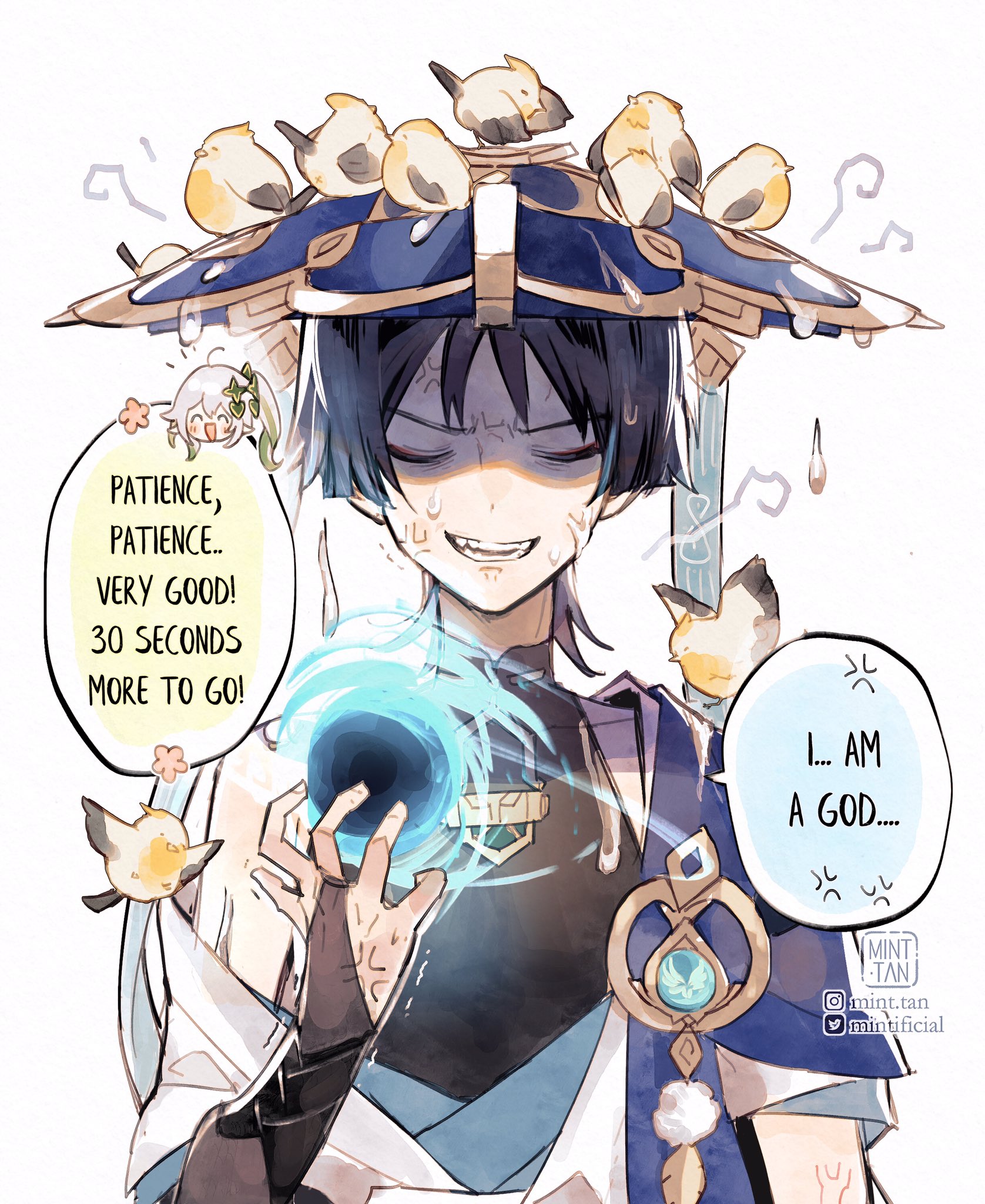 a cartoon illustration of chongyun, a character from the popular game genshin impact. chongyun is a cryo user and has the power to control ice. in this image he is holding a ball of ice in his hand, while birds are flying around him. the caption above him reads "patience, patience, very good! 30 seconds more to go!". chongyun is saying "i am a god!" with an angry expression, and there is a caption at the bottom right with the artist's name.