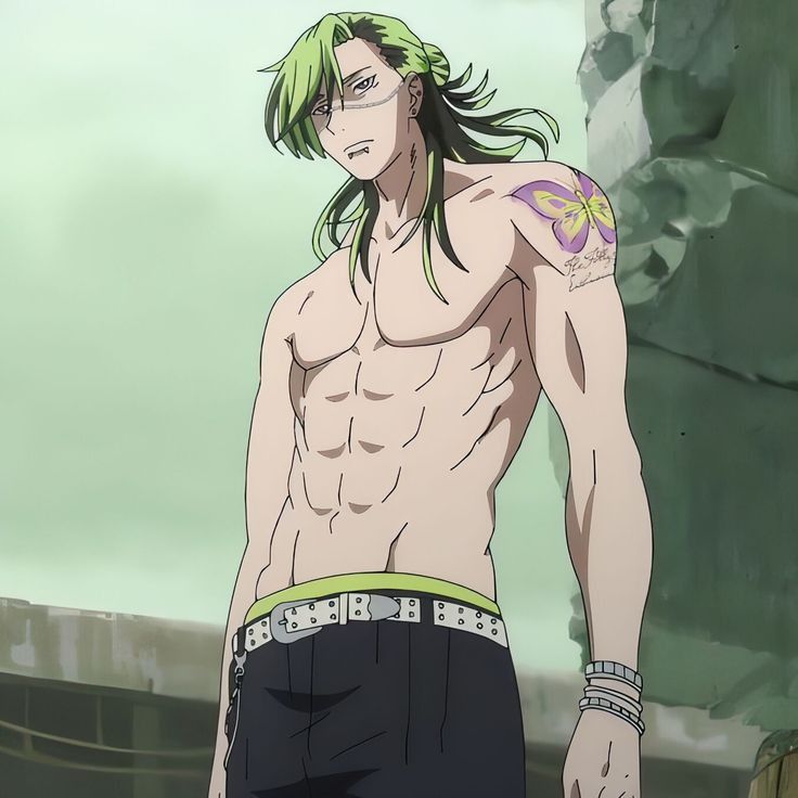 this is an anime art style image of a shirtless, muscular male character. he has green hair and a butterfly tattoo on his arm. he is wearing a black belt with silver studs, black pants, and white bracelets. he is standing and looking off to the side. the background is a blurry grey color.