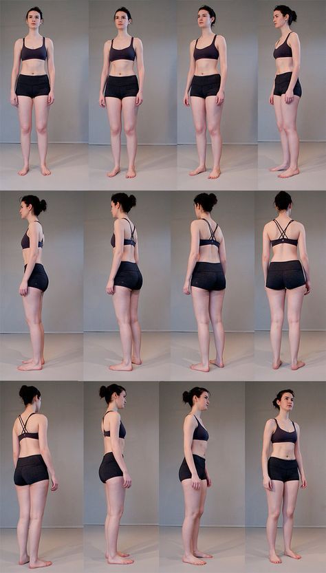 the image shows a grid of 12 photos featuring the same woman in various standing poses against a plain, light grey background. she wears a black sports bra and shorts, allowing her figure to be clearly visible. the photos offer a range of perspectives, including front, back, and side views. the lighting is soft and even, illuminating her form without harsh shadows. this type of image is often used as a reference for artists, particularly for figure drawing and studying human anatomy.