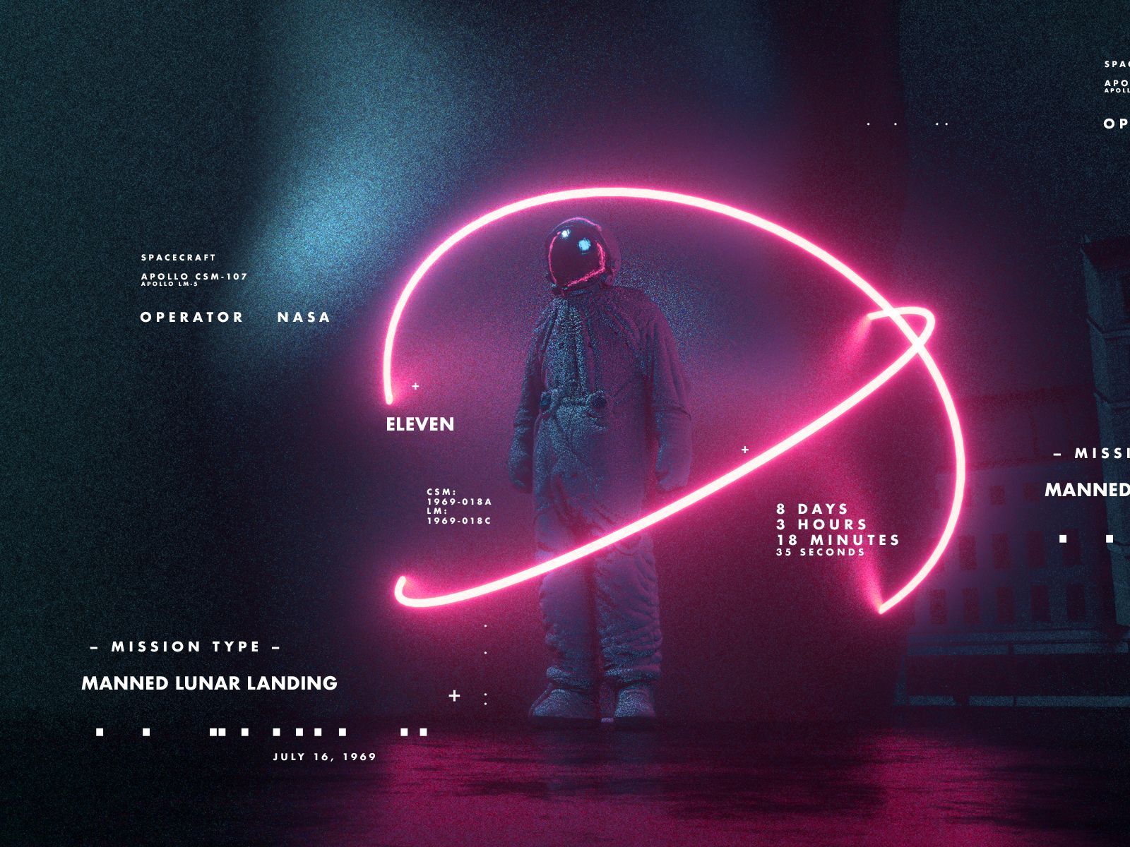 an astronaut in a space suit stands in the middle of a pink neon ring that is symbolic of the lunar orbit. the astronaut has a helmet on and their face is not visible. the text surrounding the astronaut gives details about the mission, including the spacecraft used (apollo csm107), mission type (manned lunar landing), the mission’s duration (8 days, 3 hours, 18 minutes, 35 seconds), and the date (july 16, 1969). the image is a representation of the apollo 11 mission and the historical moment of the first moon landing.