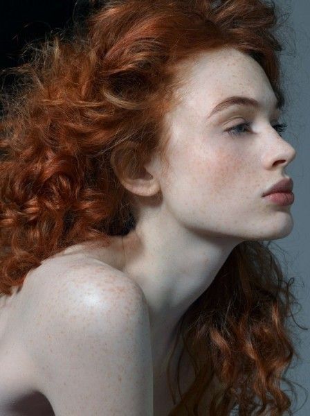 a side profile portrait of a redhaired woman with pale skin and freckles. her hair is curly and voluminous, and she is facing to the right. the focus is on her face and shoulder.