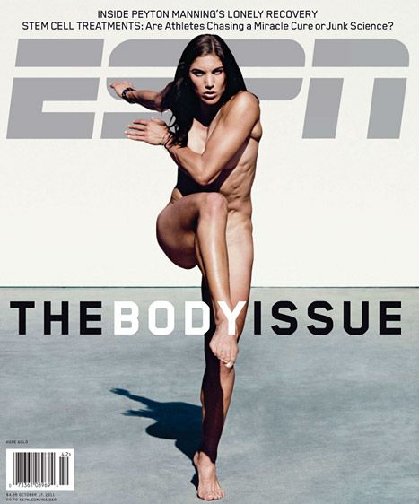 the cover of espn's the body issue, featuring a female athlete posing nude. the magazine is known for its unique take on the human body, showcasing athletes in a raw and natural light.