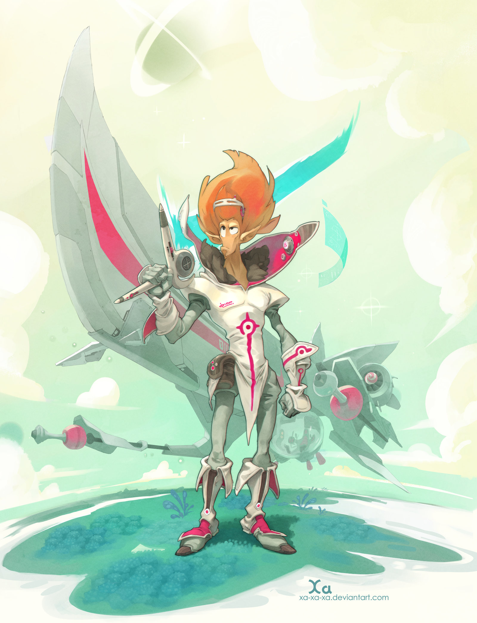 a digital art illustration of a fantastical scifi character. the character is a humanoid alien with orange hair and an elaborate costume. they are holding a futuristic weapon, posed confidently, in front of a spaceship. the background of the illustration is a bright green with a futuristic, spacelike feel.