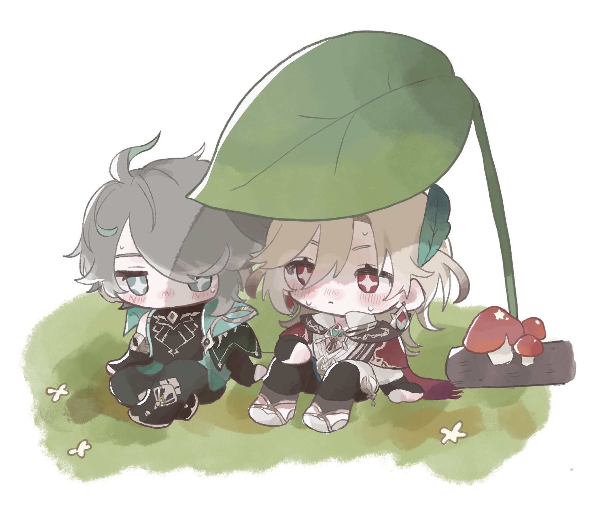 the image is a piece of fanart depicting chibi versions of aether and albedo from the popular video game genshin impact. they are sitting together under a large leaf, which serves as a makeshift umbrella.  the style is cute and adorable, common in chibi fanart.  mushrooms are scattered near them on the ground, adding to the forest setting. the overall atmosphere is peaceful and heartwarming. the art style is soft and uses a muted color palette.