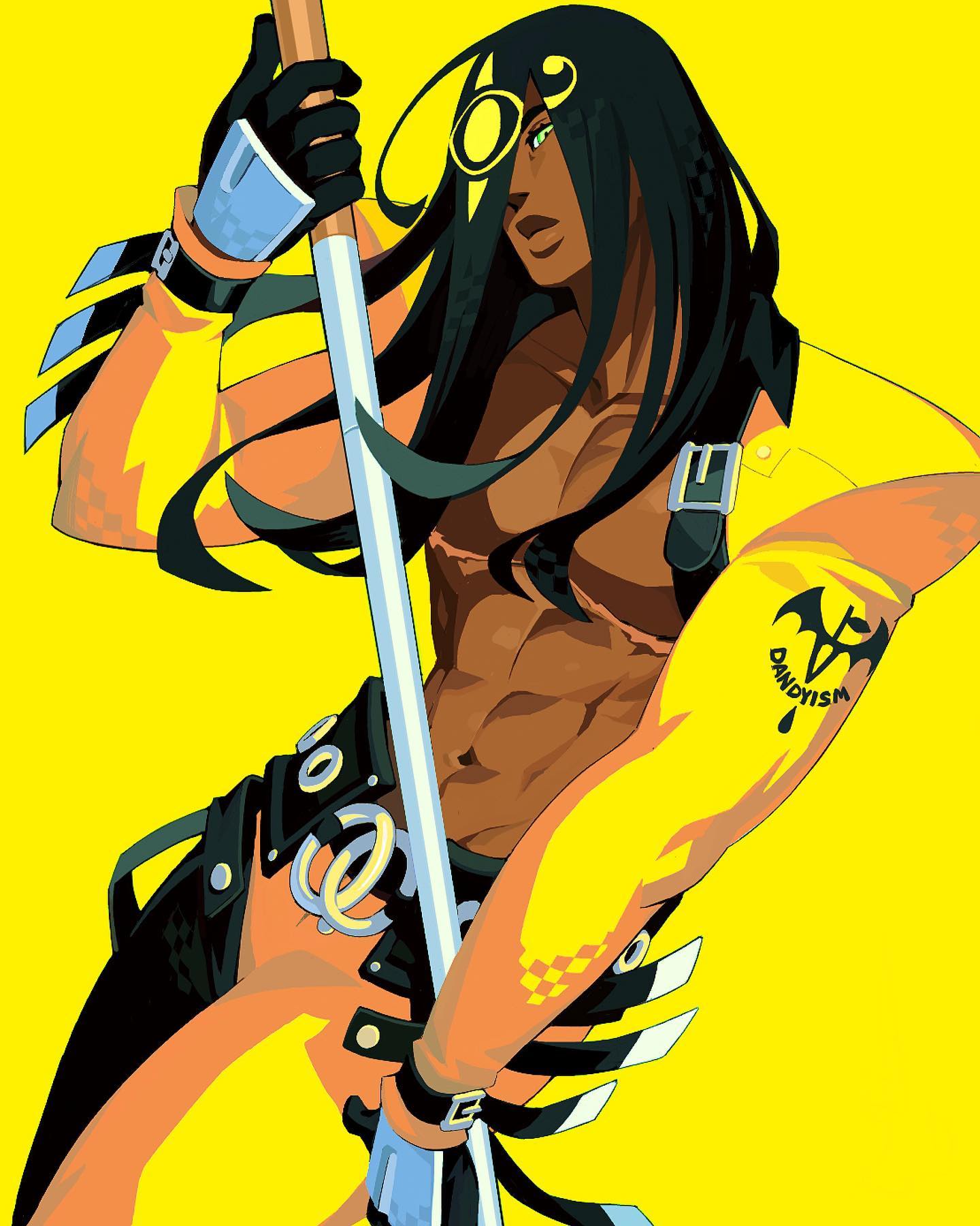 the image is a vibrant piece of fanart depicting filia, a character from the video game skullgirls.  she's rendered in a bold, graphic style reminiscent of anime and manga, with strong outlines and flat coloring.  filia is portrayed with her signature long dark hair, muscular build, and yellow outfit.  she's holding a pole weapon, and her arm displays a "dandyism" tattoo. the background is a solid, bright yellow which contrasts sharply with the darker tones of her attire and hair. the overall style is highly stylized and eyecatching.