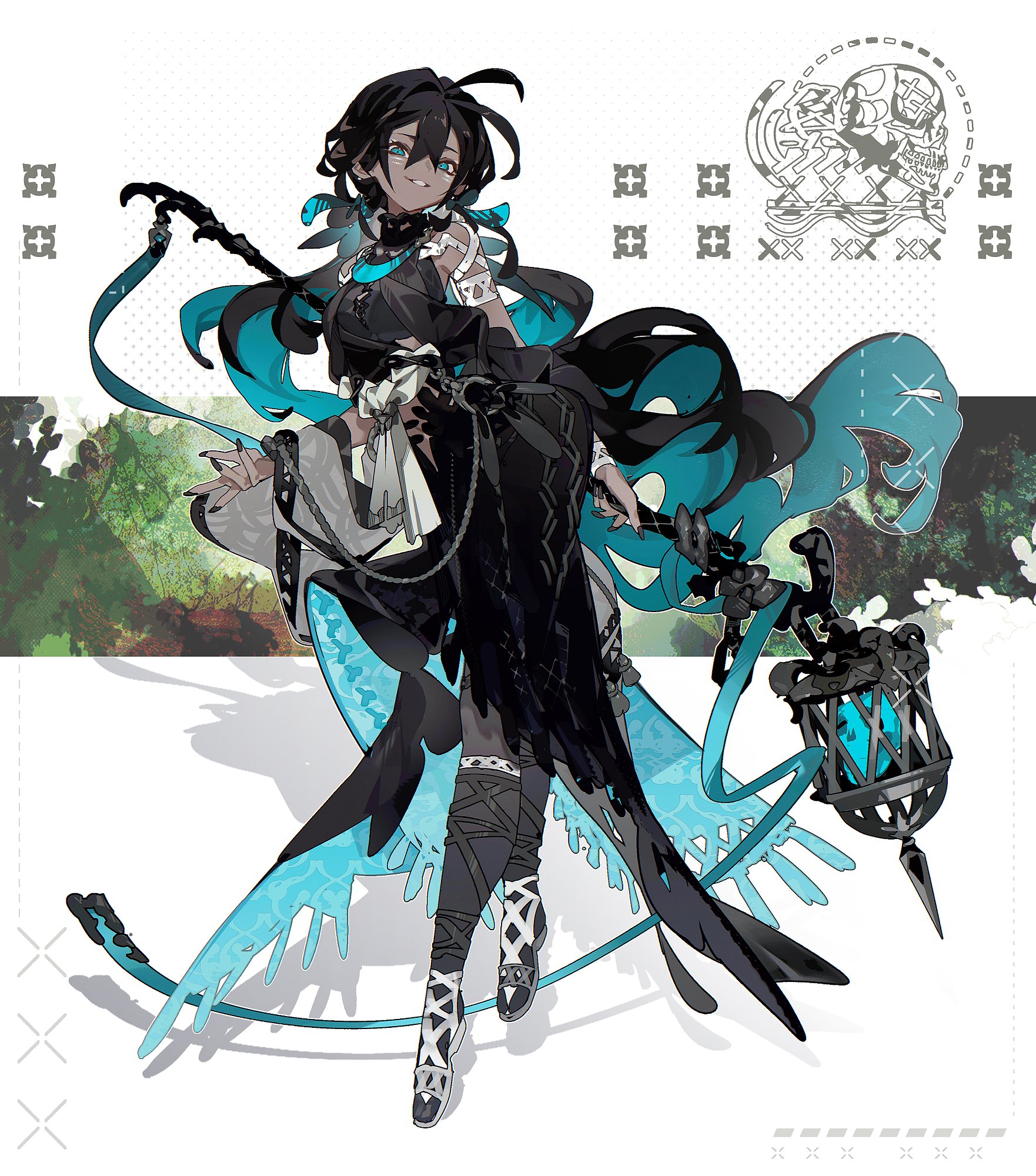 the image showcases a female anime character with a whimsical and dark aesthetic. she has flowing black hair with streaks of white and wears an elaborate black and white dress. the dress has a gothic vibe with its flowing design, chains, and cutouts.  she holds a staff adorned with a blue, glowing lantern, hinting at magic or a mystical connection. the style is intricate with careful attention paid to the details of her clothing, accessories, and weapon. the color scheme is primarily black, white, and blue, enhancing the overall gothic feel. the pose is dynamic, suggesting action and movement, making her appear powerful and ready for battle.