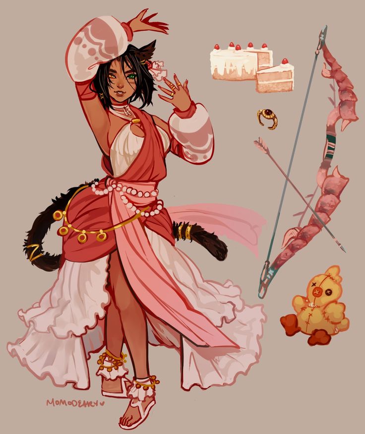 an illustration of a woman in an anime style. she has long black hair with cat ears and a tail. she is wearing a red and pink dress with white embellishments, and she is holding a flower in her hand. she is smiling, and she looks happy. there are other items in the image, including a bow and arrow, a cake, and a stuffed animal. the art style is colorful and whimsical.