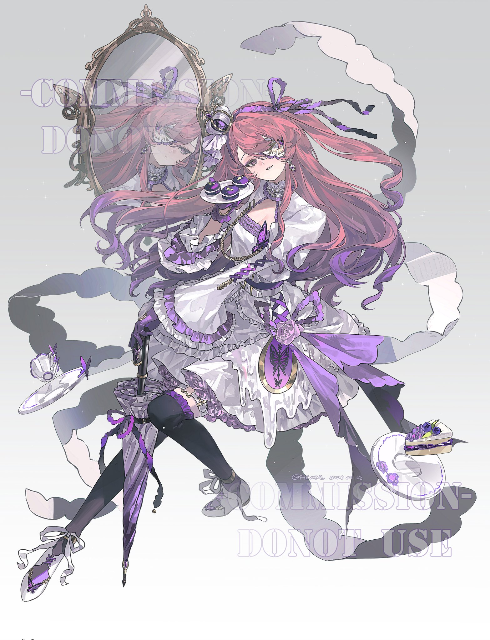 the image is a fullbody illustration of an anime girl with a fantasy style, dressed in a white and purple dress adorned with ruffles, lace, and ribbons. she has long, flowing pink hair with a purple ribbon and an eye patch. she holds a plate with macarons and a small plate with a slice of cake. an ornate mirror behind her shows a reflection of her face. she wears gloves and carries a closed purple umbrella. the illustration also includes a teacup and a plate floating in the background, connected by ribbon. the overall aesthetic is detailed, with a focus on intricate design elements and a soft color palette.