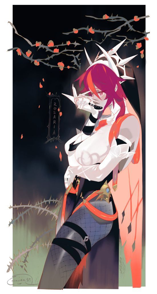 the image is a piece of fanart depicting rosaria from genshin impact. she is depicted in a stylized, elegant pose, wearing a unique outfit that combines elements of her ingame attire with artistic liberties. her expression is somewhat mysterious and introspective. the background features a dark, moody scene with thorny branches and red flowers, contributing to the overall atmosphere of the artwork. the style is digital painting with a focus on soft yet vivid colors. the artwork is high quality, exhibiting skilled use of light and shadow to create depth and dimension. the overall impression is one of a captivating and beautifully rendered character portrait with a unique artistic interpretation of the original character.