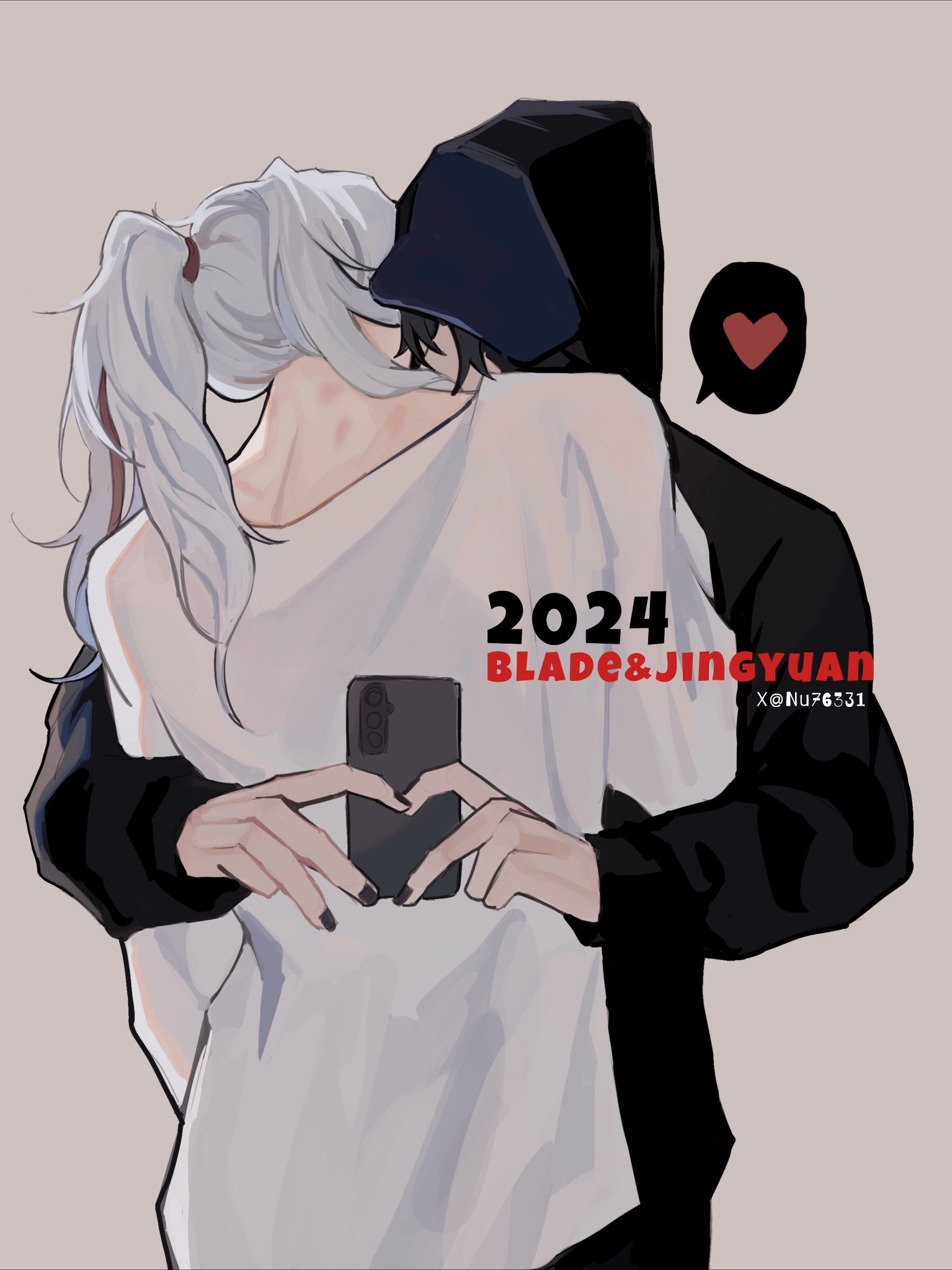 a couple in anime style is hugging. the male character is wearing black and the female character is wearing white. they both have long hair, with the female's being white and the male's being black. they are holding a phone in their hands, making a heart shape. it has the text 2024 blade & jingyuan x@nuf631.
