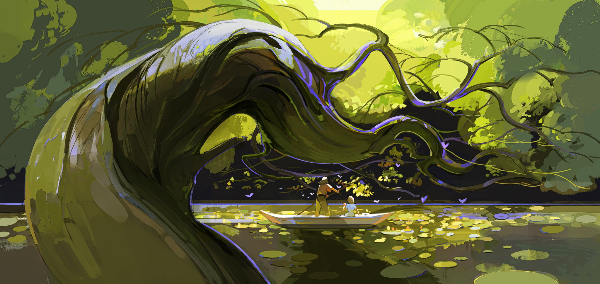 a man and child are in a small boat on a river, dwarfed by a giant, gnarled tree with a whimsical, twisted trunk that arches over them. the scene is bathed in warm, dappled sunlight filtering through the leaves. lily pads dot the water's surface, and colorful flowers add splashes of vibrancy. the overall atmosphere is one of peace, magic, and the beauty of nature.