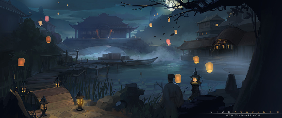 the image is a digital painting depicting a serene night scene in a traditional asian, likely chinese, village situated along a calm river. numerous illuminated floating lanterns dot the sky and water, creating a magical atmosphere.  the village features traditional architecture with dark wooden buildings and bridges.  a figure, possibly a man, in dark clothing stands near the riverbank, seemingly observing the tranquil scene. the overall mood is peaceful and mystical, enhanced by the soft lighting, fog, and the quiet reflection of the moon on the water. the artwork is credited to star academy and xingart.