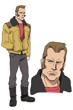 this is a digital character design concept art for an anime or manga character. the drawing shows a male character in a yellow and brown jacket, grey pants, and black boots. the image provides both fullbody and closeup views of the character. the background is white and the lighting is flat.
