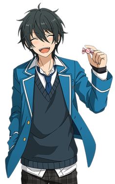 an animestyle male character with black hair and blue eyes, dressed in a blue and white school uniform, is shown smiling brightly while holding a piece of pink candy.