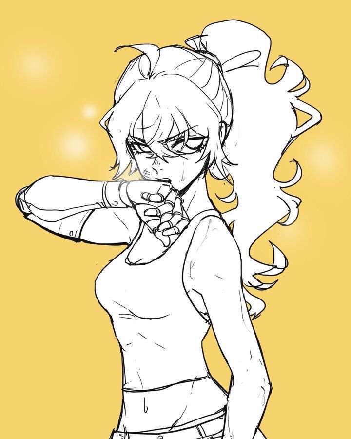 a black and white line art sketch of a female anime character with long wavy hair tied up in a ponytail. she is wearing a tank top and jeans, and has a determined expression on her face.  she is clenching her fist and has a fighting stance, suggesting she is ready to fight. the background is a solid yellow.  this is a rough sketch with a simple line style,  the image is  created  using  digital  art  techniques.