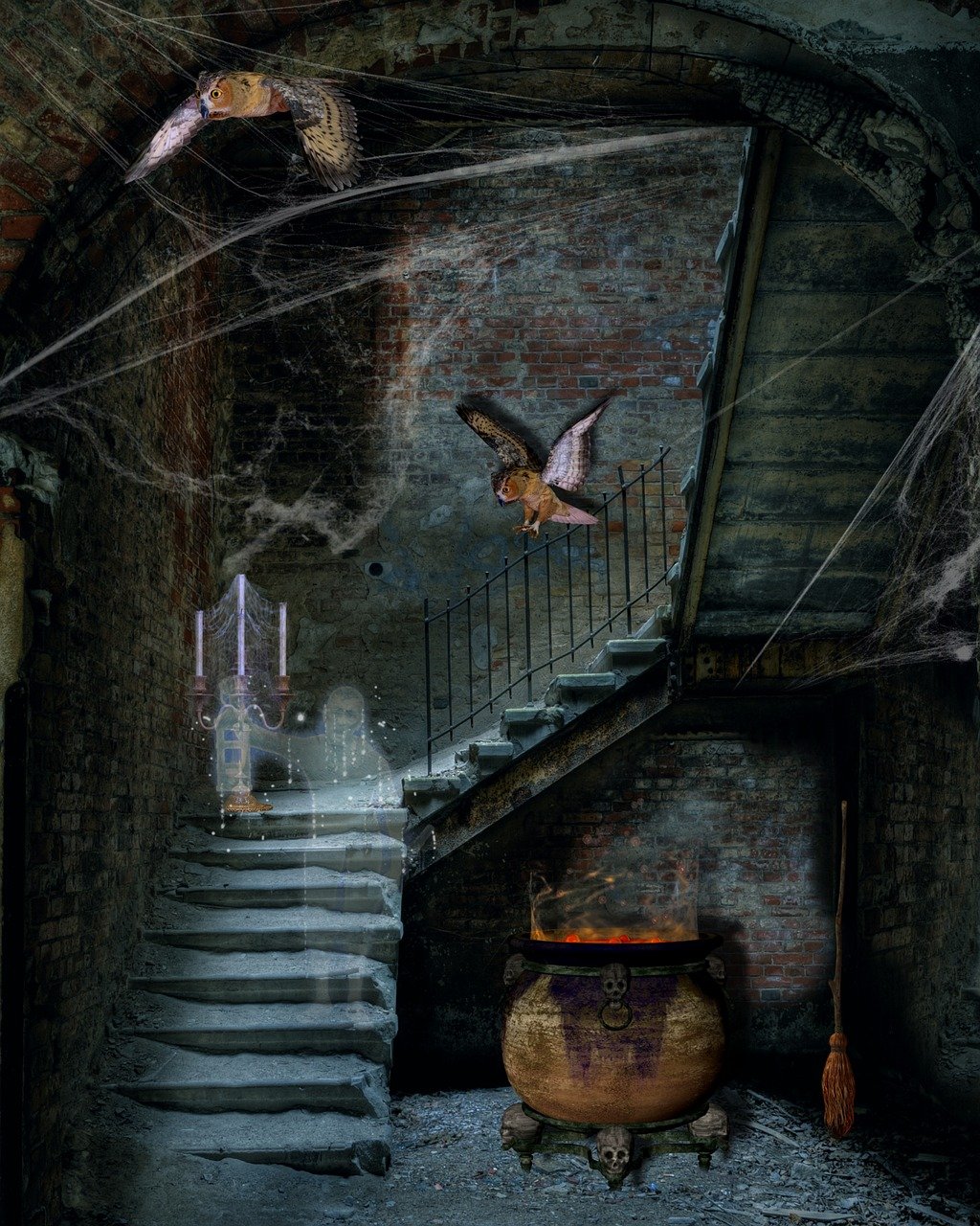 an image depicts a spooky scene, likely for halloween. the image shows a brick basement or dungeon setting with stone stairs. an owl flies in the upper part of the image while another perches on a stair railing. a cauldron sits at the base of the stairs with a broom leaning against the wall beside it. ghosts are floating on the staircase near a candlestick. there are cobwebs throughout the scene, adding to the spooky atmosphere.