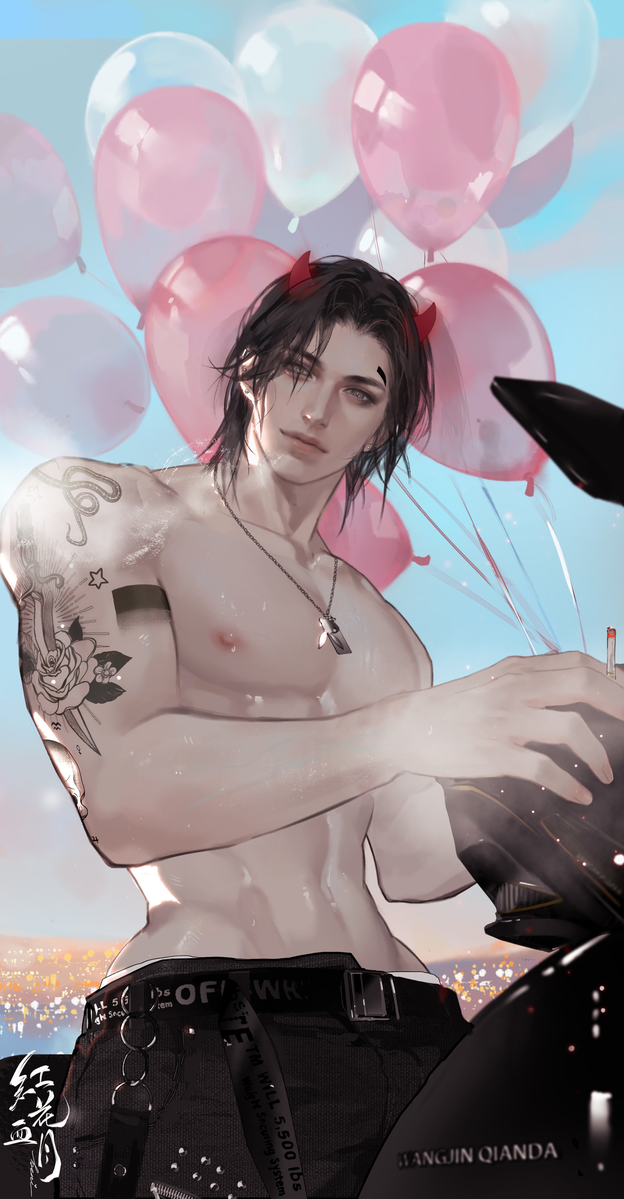 this is a digital illustration of an attractive, muscular man with long, black hair and devil horns. he is shirtless, revealing a toned physique and several tattoos, including a rose on his left bicep. he wears black pants with a white "offwhite" belt.  the man is holding a straw in his mouth, seemingly about to sip from a drink. he stands beside a black motorcycle, and a cluster of pink and white balloons floats behind him. the background suggests an outdoor setting with a city skyline visible in the distance, bathed in soft, natural light.  the art style is reminiscent of chinese manhua or danmei, with a focus on delicate features and flowing lines.