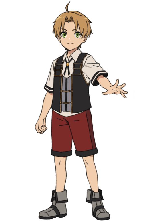 this is an illustration of a cartoon boy anime character. he is wearing a black vest over a white shirt, red shorts, and gray boots. he has blond hair and green eyes. he is smiling and standing in a relaxed pose with his right arm outstretched, as if he is reaching out to someone. the background is white.