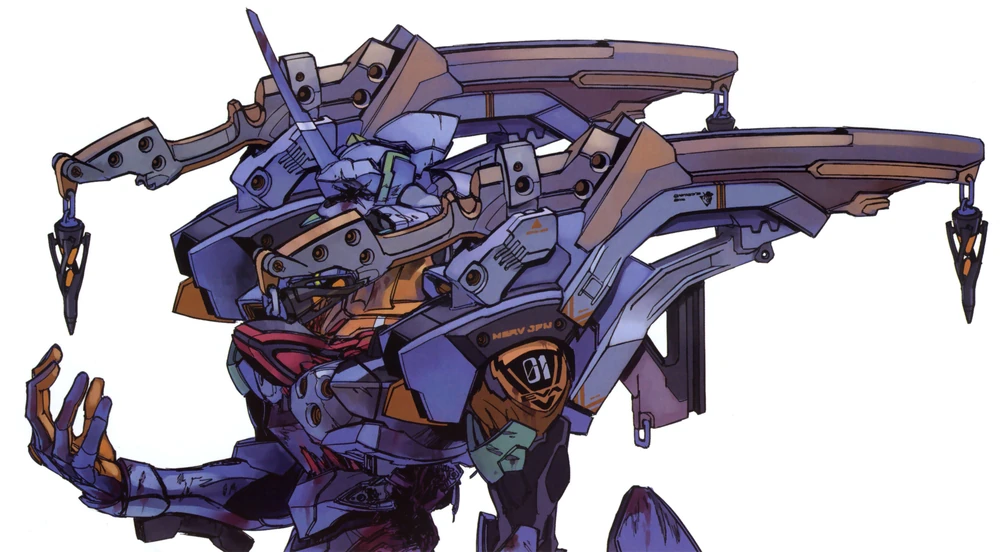 a detailed illustration of a powerful mecha, unit 01 from neon genesis evangelion. the mecha is depicted with its large, powerful arm weapon extended and ready to attack.  the image is drawn in a stylized anime art style and is full of detail. the mecha is very dynamic and looks ready for action. the background is white, allowing the viewer to focus on the mecha itself.
